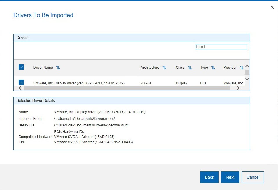 Contents of driver directory before an import operation