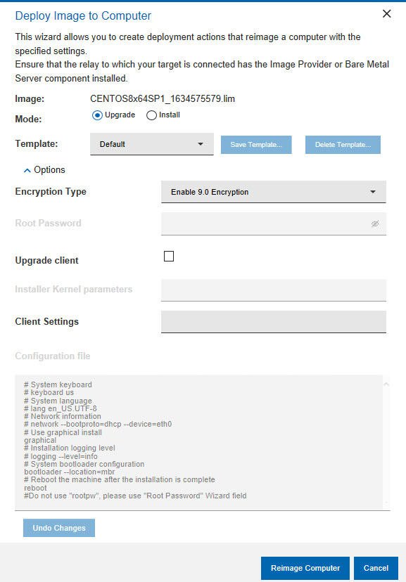 Deploying image to computer dialog - upgrade mode