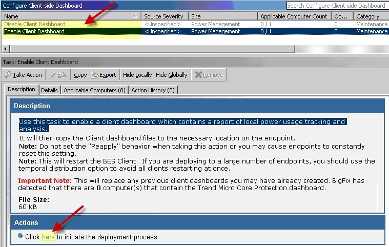 Take Action window for deploying the client-side dashboard task to target machines