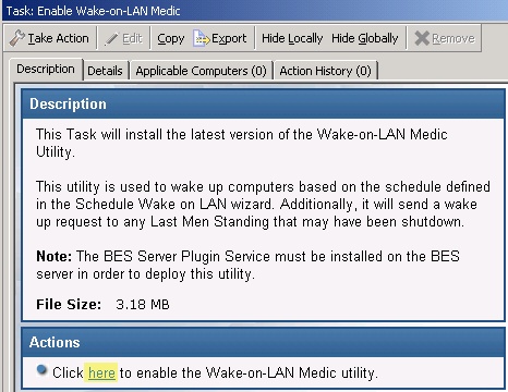 Actions box in the Enable Wakeup task window for deploying the Wake-on-LAN Medic Utility