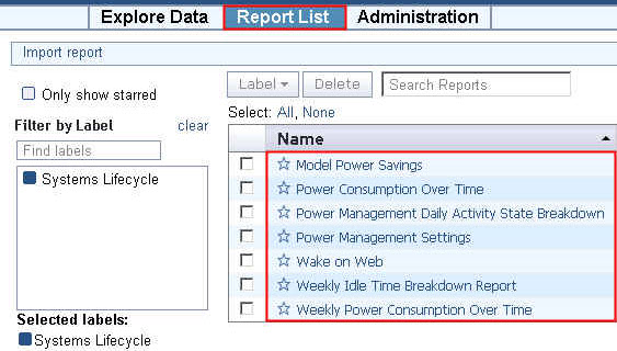 The Report List displaying the Power Management reports