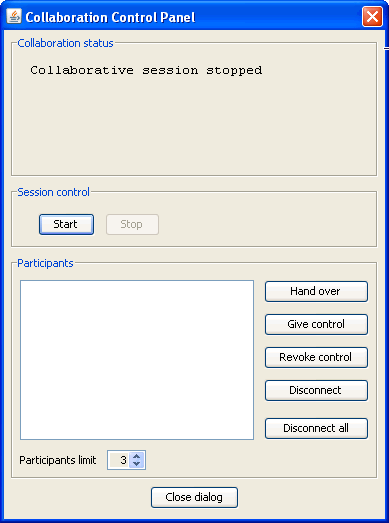 Collaboration control panel window for master controller to control session activity