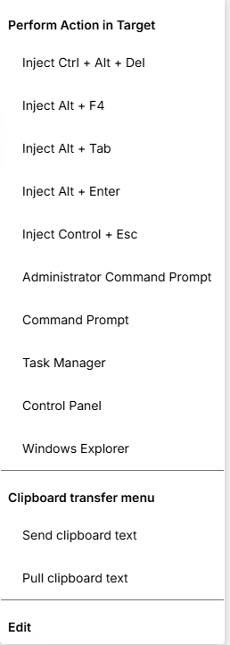 Session Actions menu with 'Perform Action in Target' shortcuts and Clipboard transfer options.