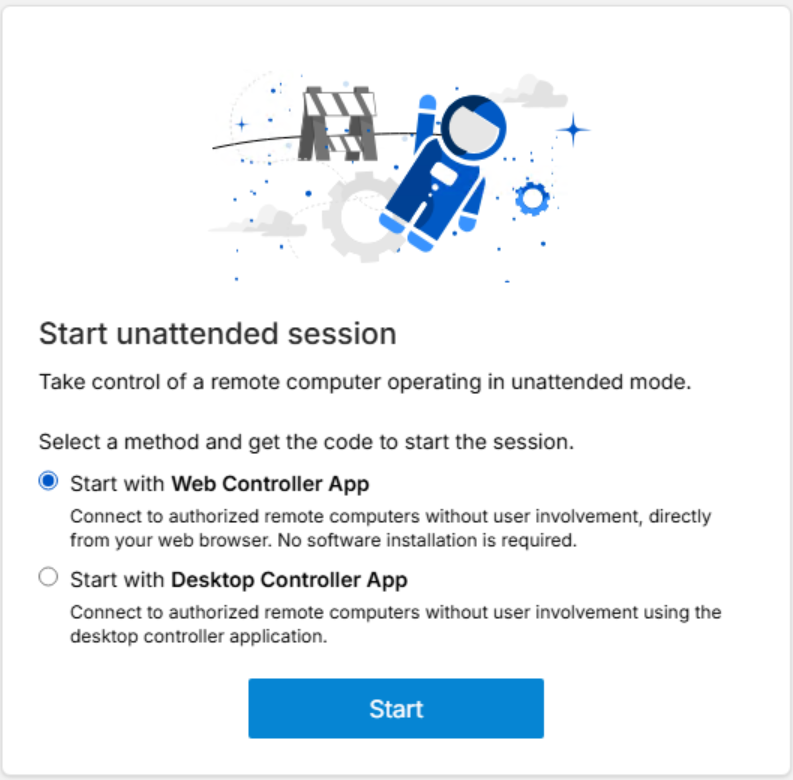 The Start Browser Session screen with the Start with Web Controller App option highlighted.