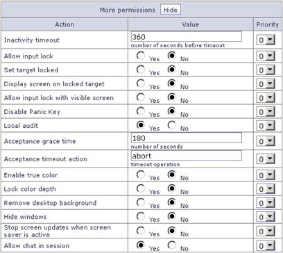 When you click Show, in the More permissions section, extra policies are displayed. You can set values and priorities for the policies.