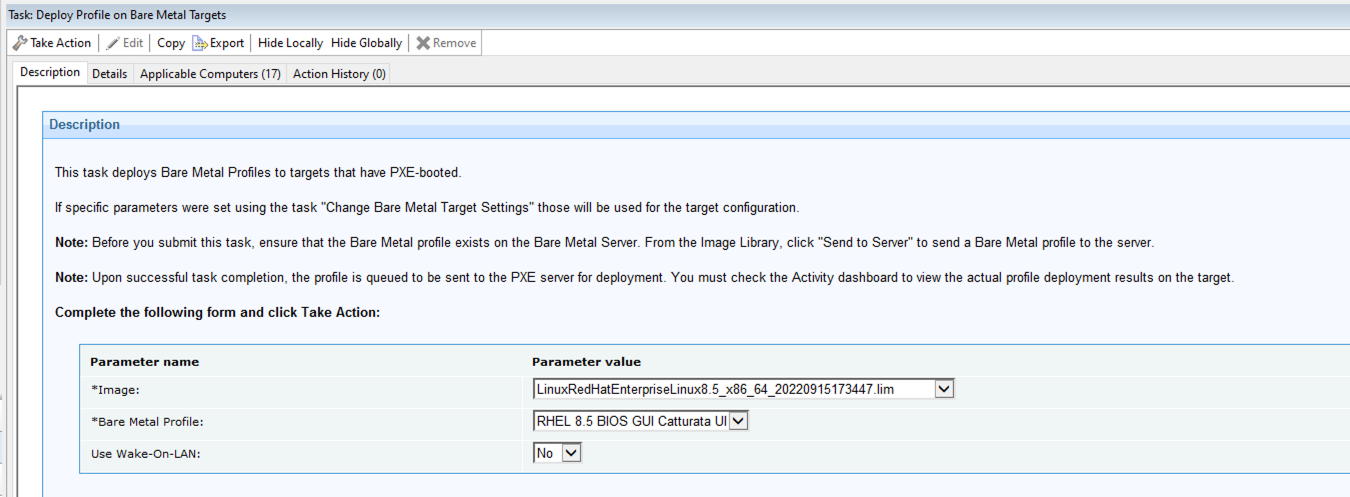 This graphic shows the Deploy operating system to one or more computers Fixlet. This Fixlet has two fields for which you need to enter values. You also need to select a profile.