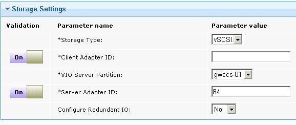 Storage Settings section with vSCSI storage selected.