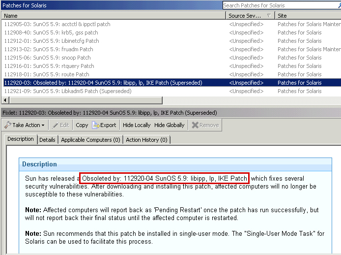 Description of a superseded Fixlet showing the newer Fixlet name and ID