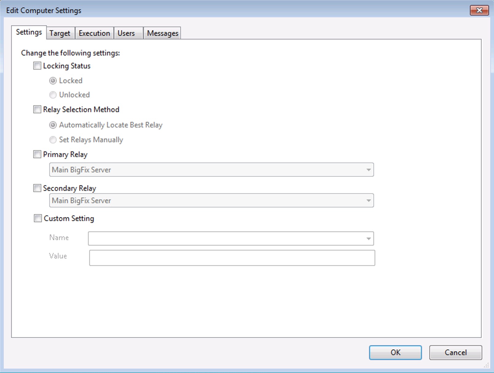 This window displays the Edit Computer Settings tab under which there are five tabbed dialogs to target and customize the settings for a selected group of Clients.