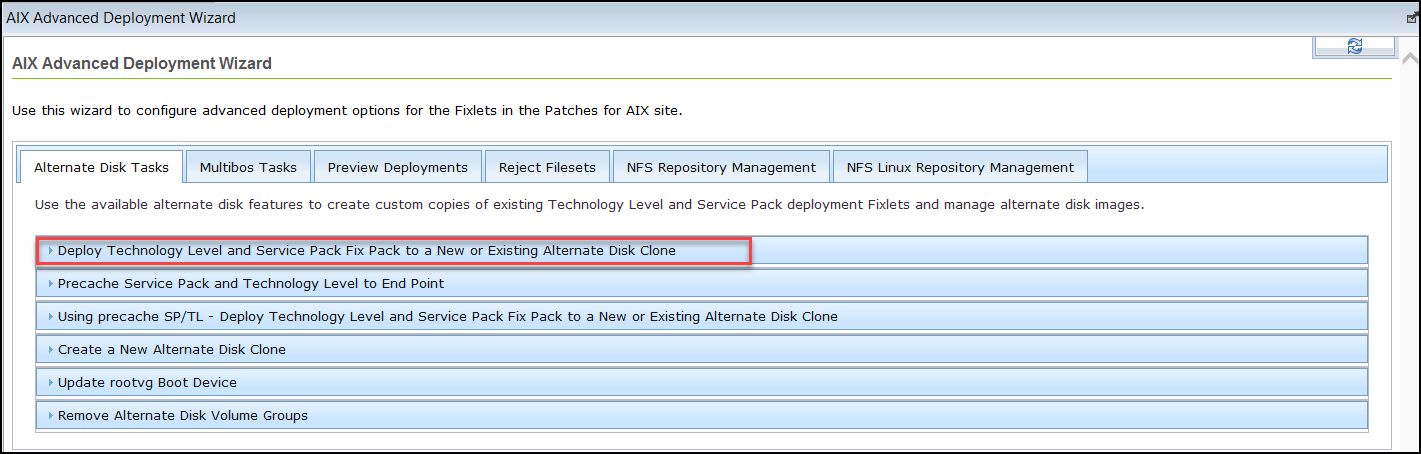Deploy technology level and service pack fix pack to a new or existing alternate disk clone