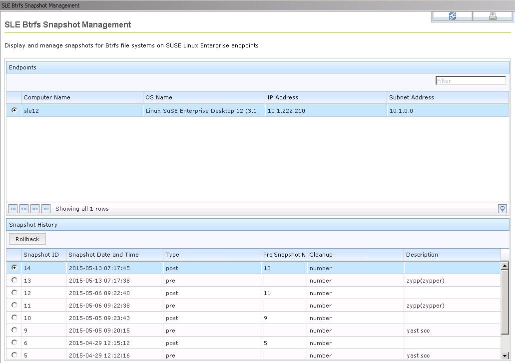 SLE Btrfs Snapshot Management dashboard