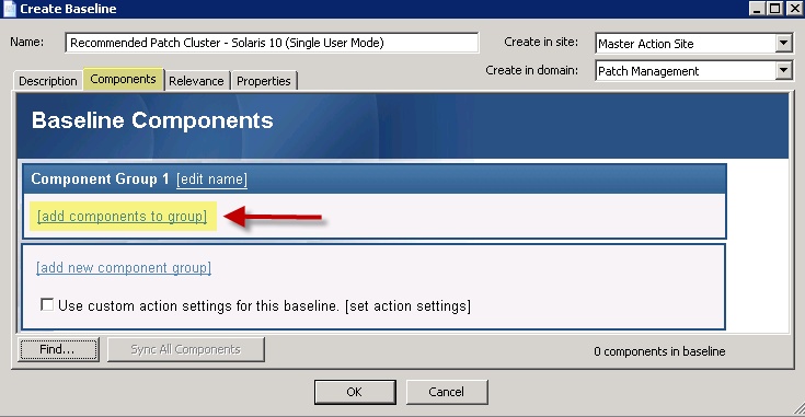 Components tab of the Create Baseline window