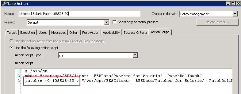 Adding the patchrm -G option in the Action Script