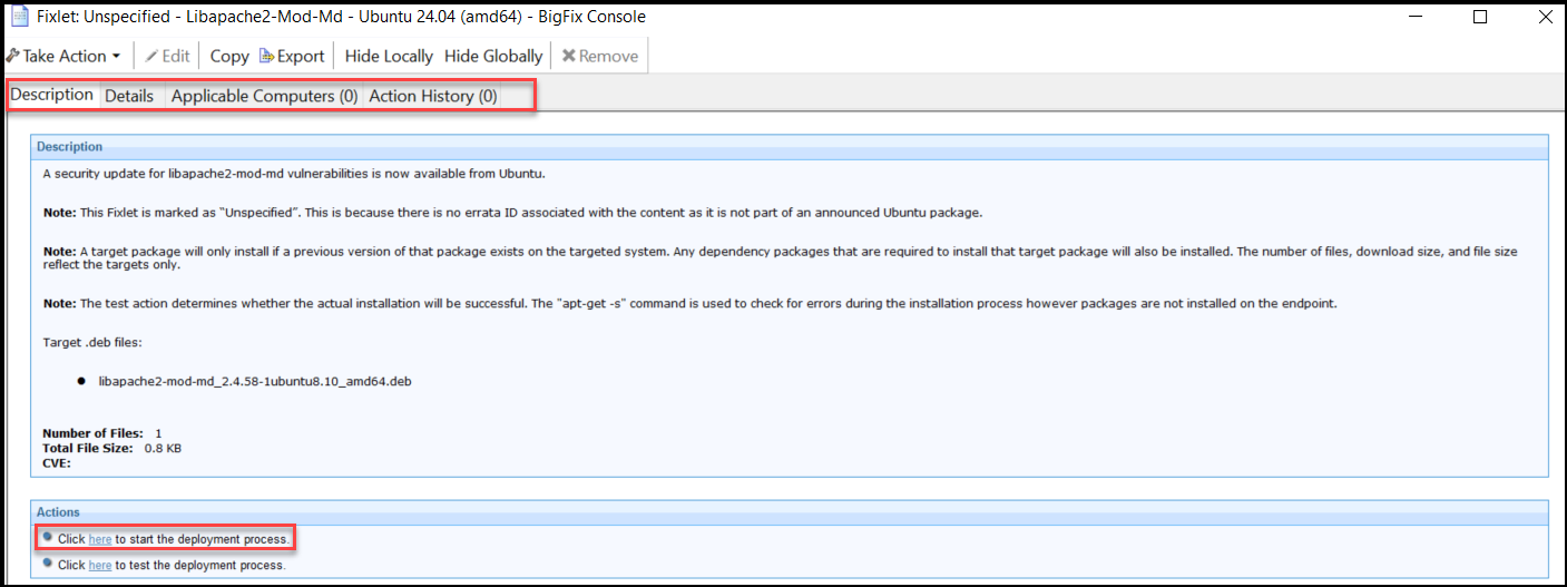 Fixlet details and the link in the Actions box that starts deployment