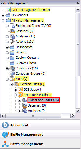 Selecting Fixlets and tasks from the navigation tree