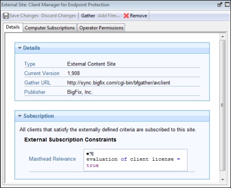 This window displays a Site document in the Work Area of the Console where you can filter the sites to either Custom or External types.