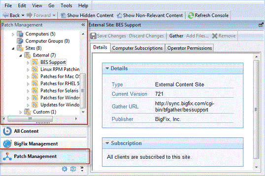 This window displays the Patch Management site which is highlighted on the left hand side of the window.