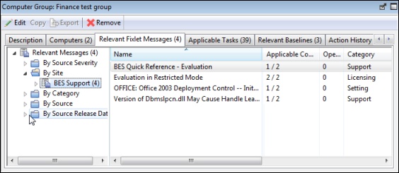 This window displays the Relevant Fixlets tab of the Computer Group document.