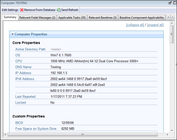 This window displays a Computer document at the bottom window of the Console. The Summary tab is highlighted where the essential information about this computer is displayed.