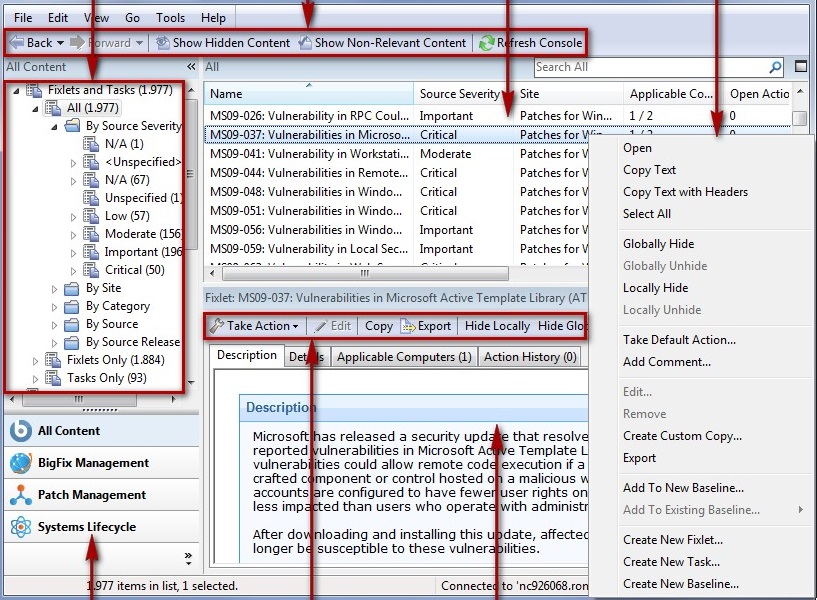 This window displays the main Console view. The Main Console Window has a panel on the left containing buttons and navigation trees called the Domain Panel. A List Panel is displayed on the right. From this list, specific items can be opened in the Work Area below.