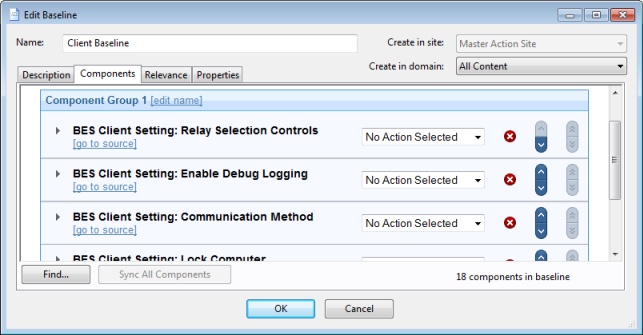 This window displays the Components tab of the Edit Baseline dialog where you can specify a group of Fixlet messages and Tasks that you want to add to your Baseline.