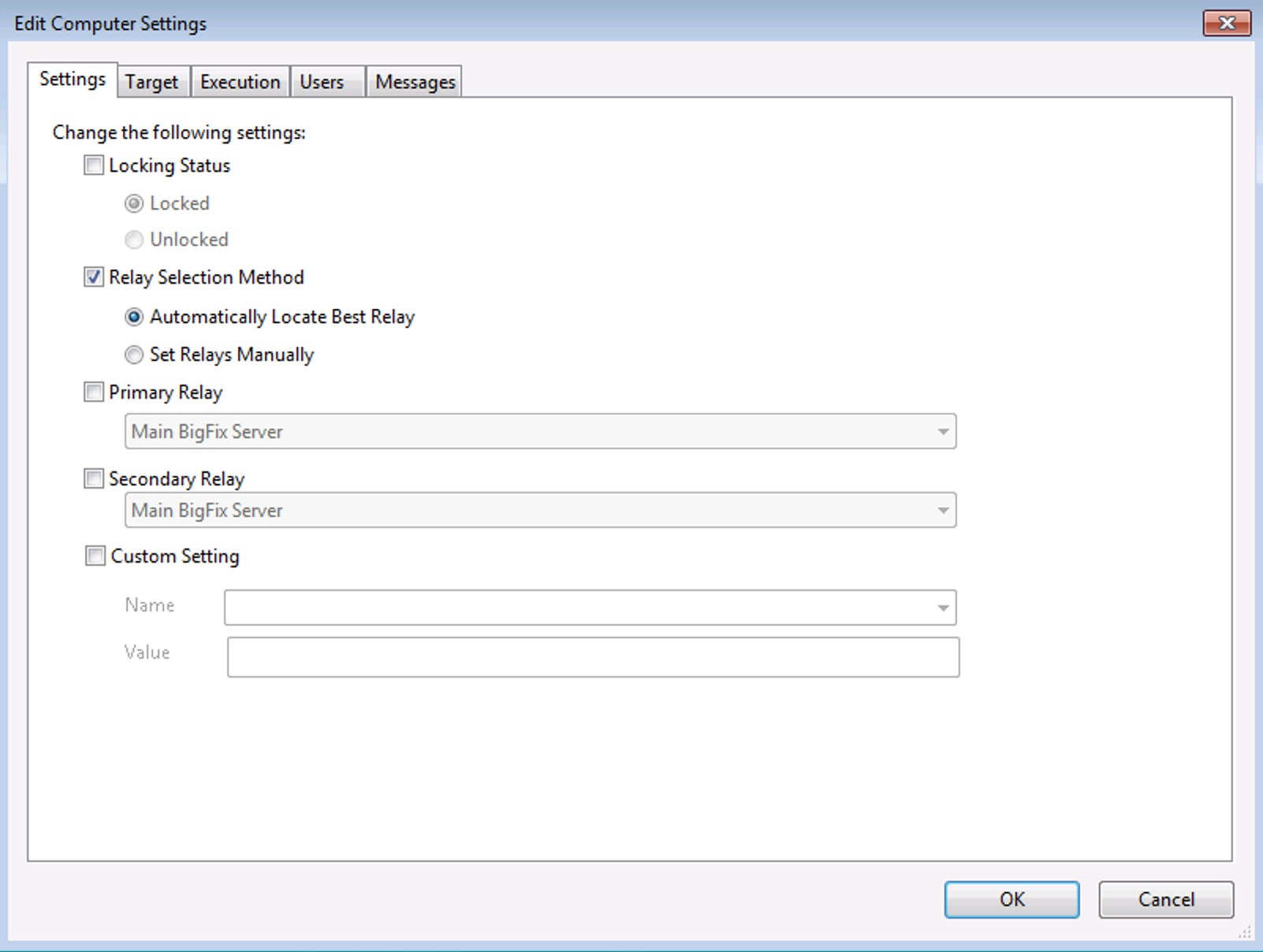 This window displays the Settings tab of the Edit Computer Settings dialog under which you can administrator to apply certain settings to multiple targeted computers, including locking, relays, and custom variables.