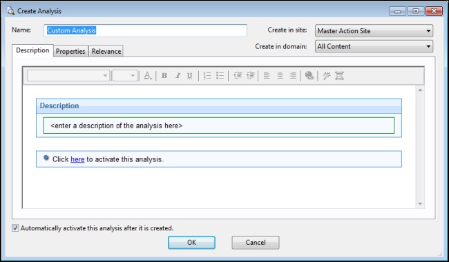 This window displays the Description tab of the Create Analysis dialog where you can define the html page for your custom Analysis.