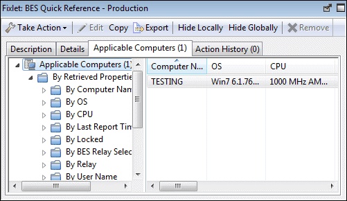 This window displays the Applicable Computers tab where all the networked computers that are affected are selected. A list view with a filter panel is displayed on the left.