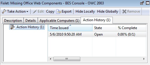 This window displays the Action History tab. Under the Action History tab the deployment history is displayed.