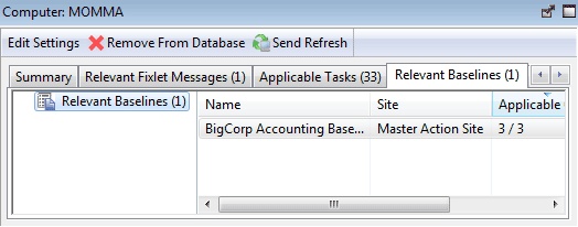 This window displays a highlighted Relevant Baseline tab on the left hand panel and the Baselines that are applicable to the selected computer are listed in the middle of the panel.