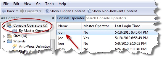 This window displays the domain panel navigation tree on the left hand side with the Console Operators icon circled. On the right hand side of the panel a list of Operators is displayed.