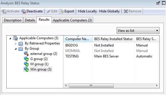 This window displays the Results tab of the Analysis document under which a list of targeted computers and the results is displayed.