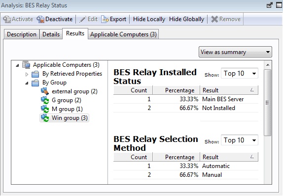 This window displays the Results tab of the Analysis document under which a summary view is displayed. The summary view displays each property has its own section, with response counts and percentages for each value of the property.