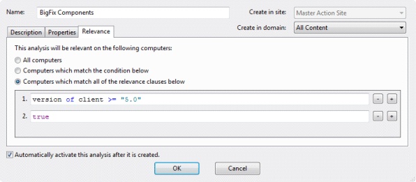 This window displays the Create Analysis Relevance tab dialog. All computers, Computers which match the condition below and Computers which match all the relevance clauses below options are displayed under the Relevance tab.