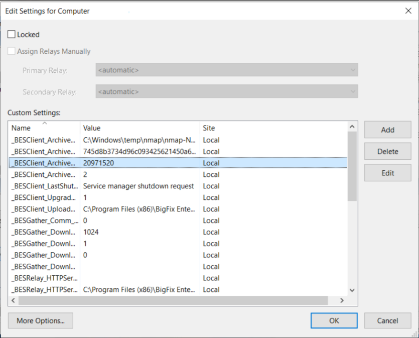 This window displays the Edit Settings for computer dialog where you can alter the settings for a selected computer.