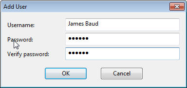 This window displays the Add User dialog where the local user can be added. User name, Password and Verify Password need to be entered.