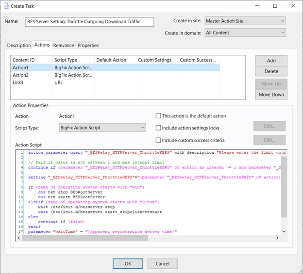 This window displays the Actions tab of the Creation/Edit dialogs where you can create Actions for your new or customized Fixlet or Task object.