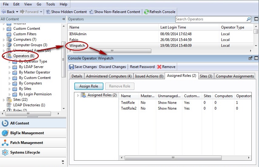 This window displays the Assigned Roles tab of the Operators window where you can associate roles with the specified Console operator.