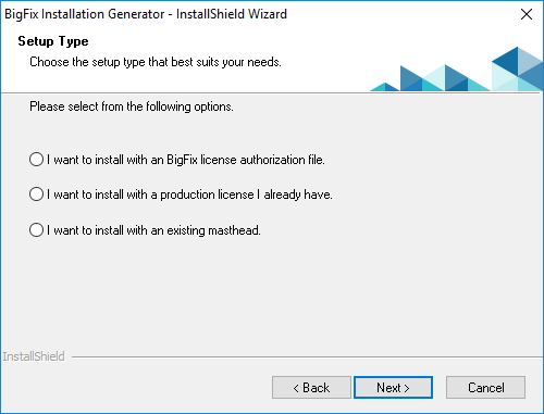 Select the first option: I want to install with a BigFix license authorization file
