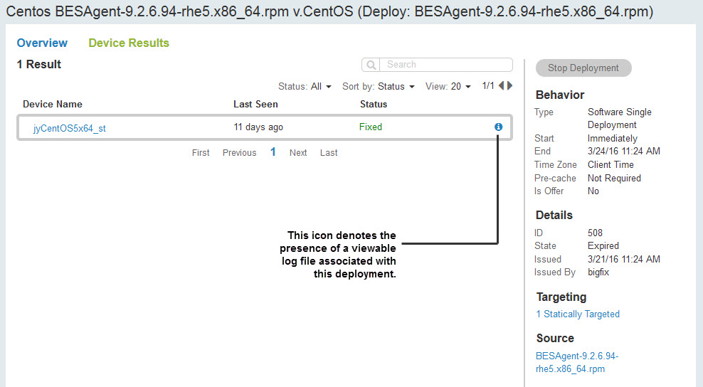 Image of the Device Results screen highlighting the log icon for software deployments.