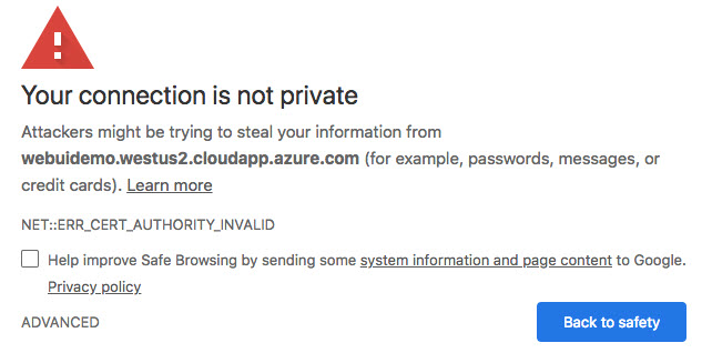Image of self-signed SSL Certificate error.