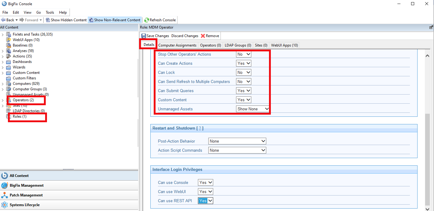 Image showing the Can Create Actions settings on the Details tab.