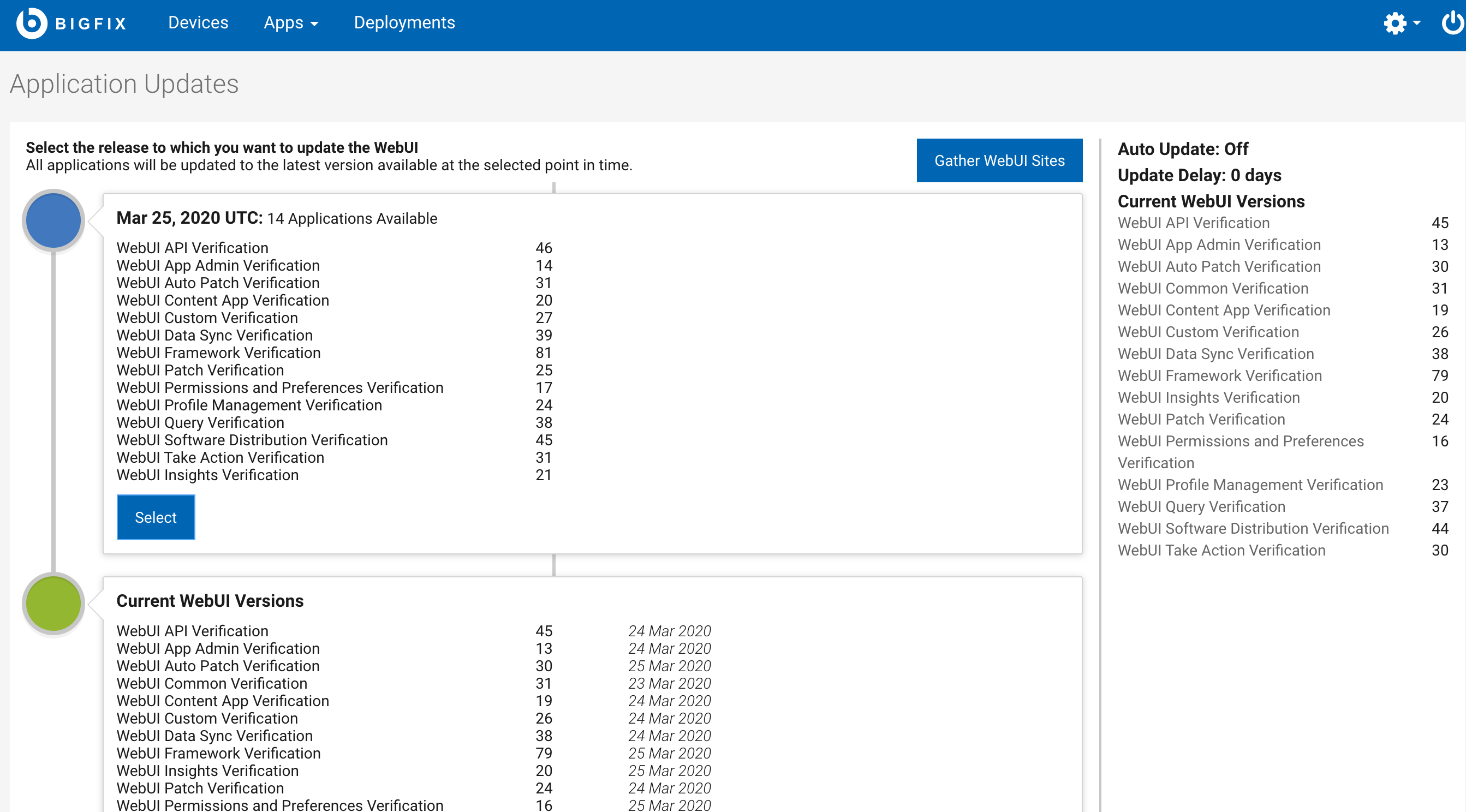 Image of Application Update Manager. To open it click the Settings icon at the right side of the navigation bar, next to the LogOut icon.