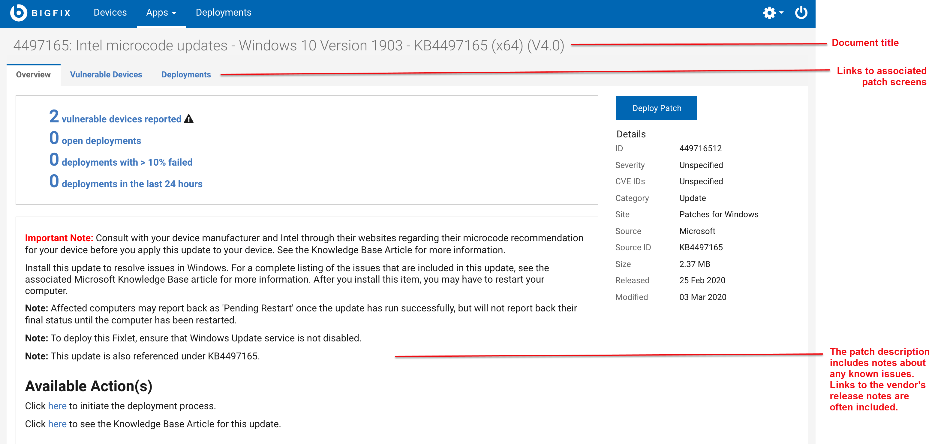 Image of a patch document. Annotations: a) Document title (upper left). b) Click the links to see different parts of the document. c) Click the numbers for more details. d) The patch description includes notes about any known issues. A link to the vendor's Release Notes is often included.