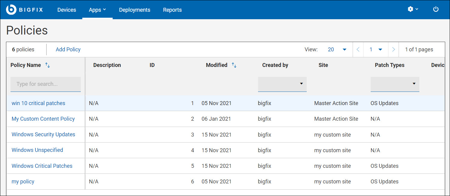 Image of Patch Policy List page.