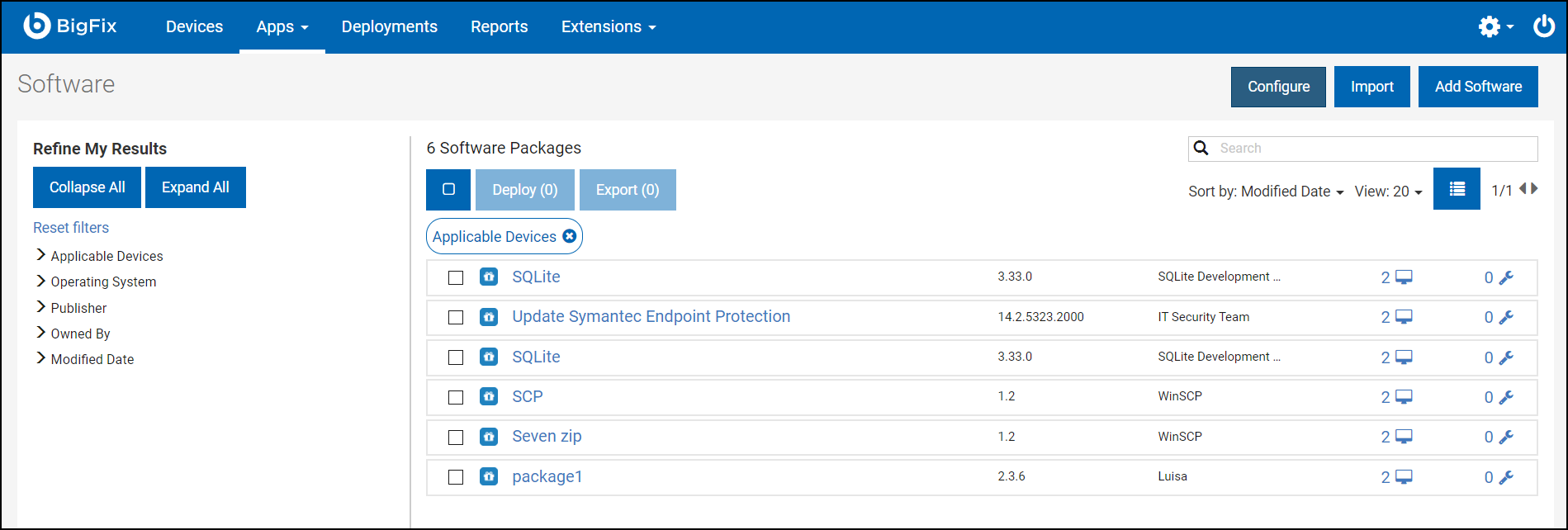 Image of Software Package list and the location of the Add Software link above and to the right of the Deploy button.