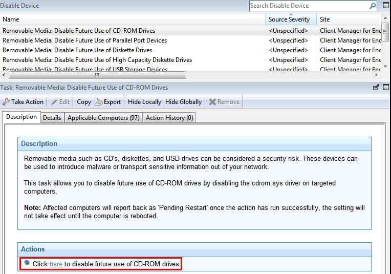 Fixlet Action to disable CD-ROM drives