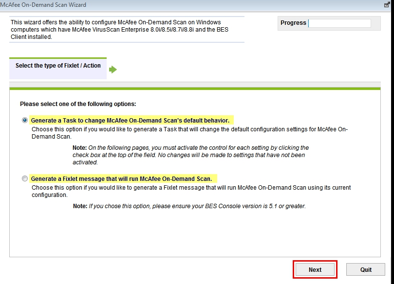 Options to select the Fixlet and Action type