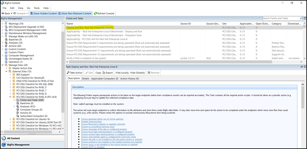 Deploy and Run Task in the PCI DSS Checklist for RHEL8 (PCI 4.0) site