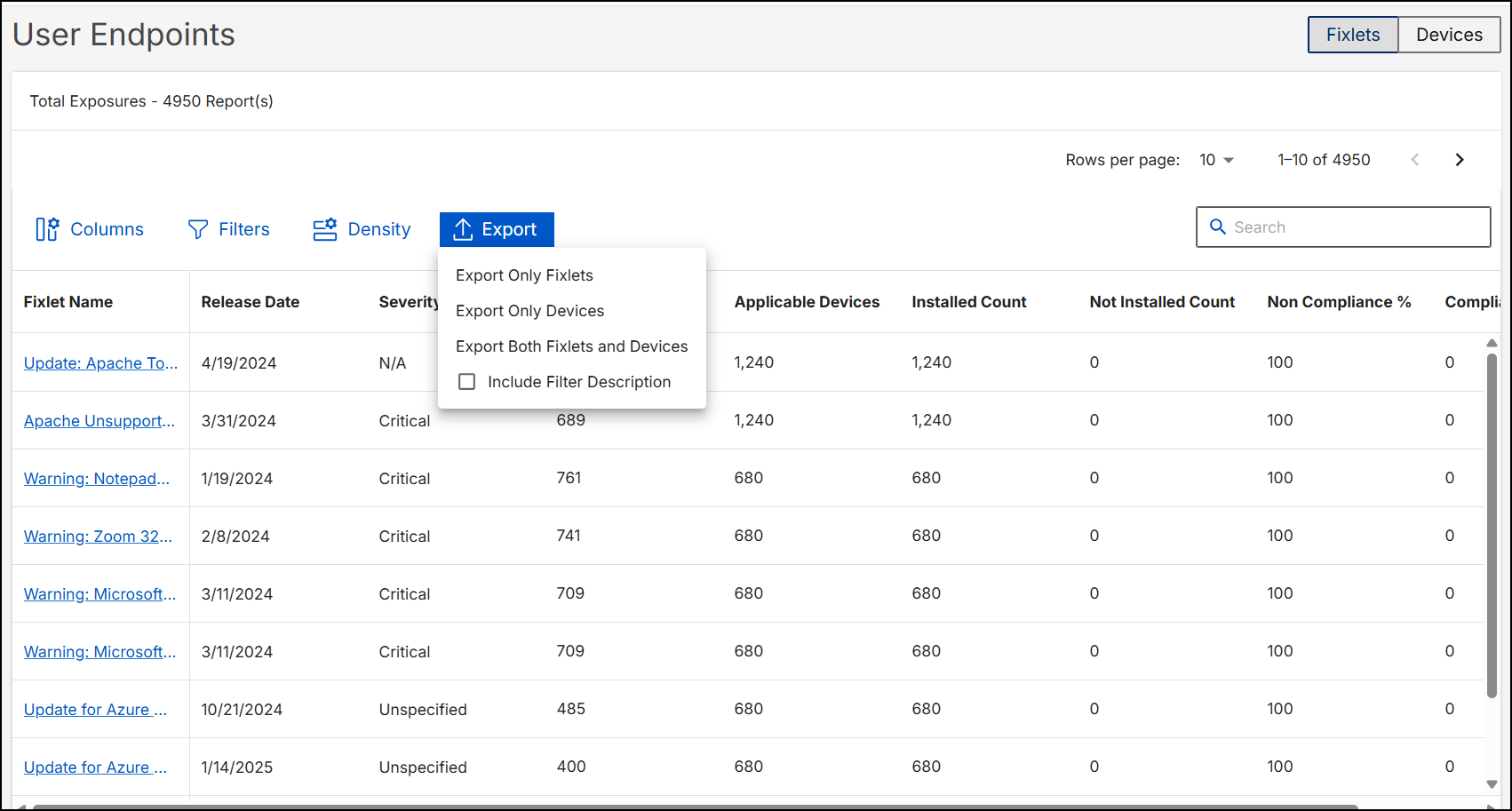 DataGrid Controls-Exports Fixlets